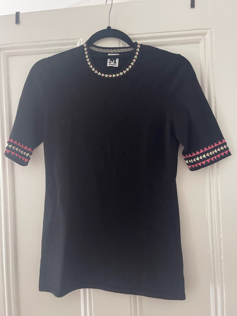 M Missoni Black Short Sleeve Top with Pink & Lime Triangle Trim
